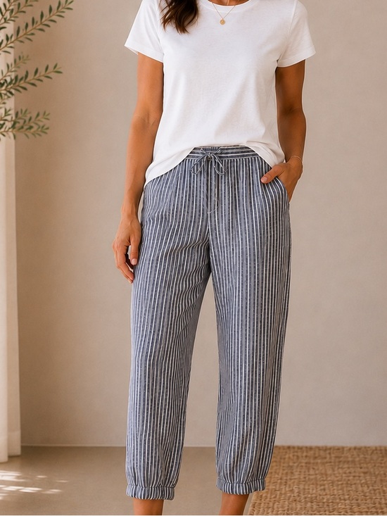 Old Navy Pants - Old Navy blue white striped linen blend pants size medium drawstring wide leg